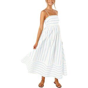 Women's Blue White Striped Back Smocked Spaghetti Strap Cut Out Maxi Dress